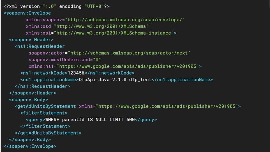 An example of a SOAP XML request call in Google Ad Manager