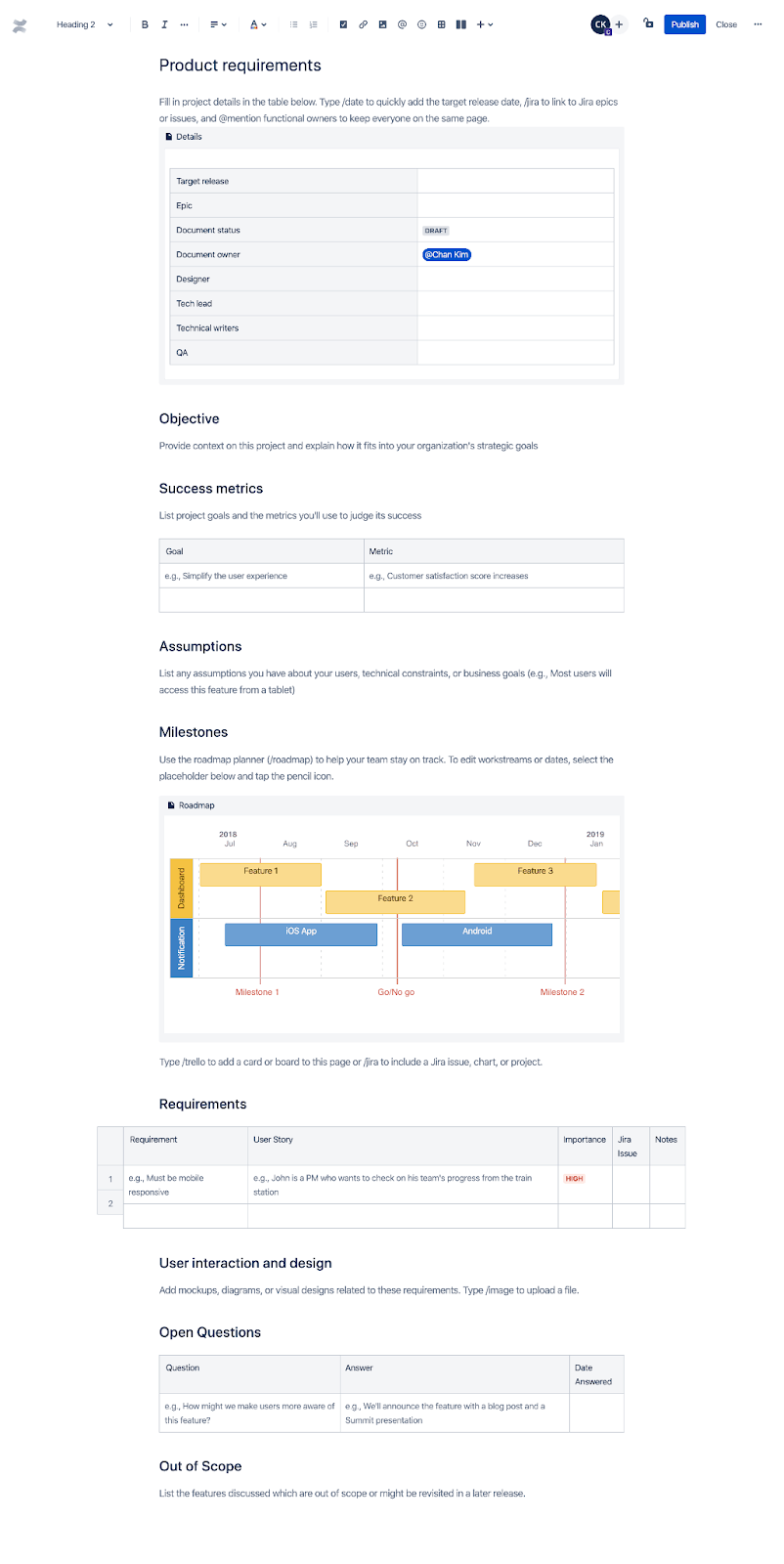 PRD template by Confluence is straightforward and simple to use. Source: Confluence