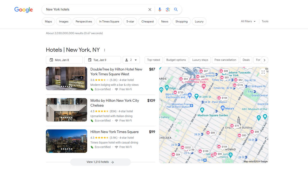 Google Hotels' listings show up first in Google Search results. Source: Google Search